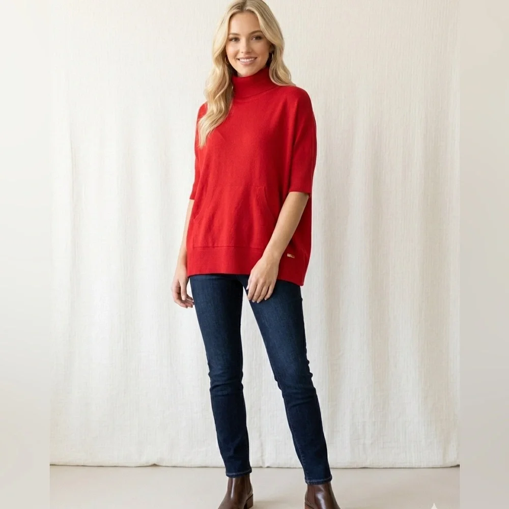 Michael Kors Oversized Poncho Turtleneck Knit Sweater Pocket Knit Stretch Cozy M - Picture 7 of 13